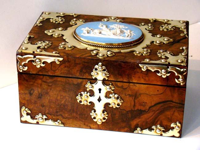 An extremely attractive Ladies dressing box with brass mounts and a Wedgewood plaque circa 1850